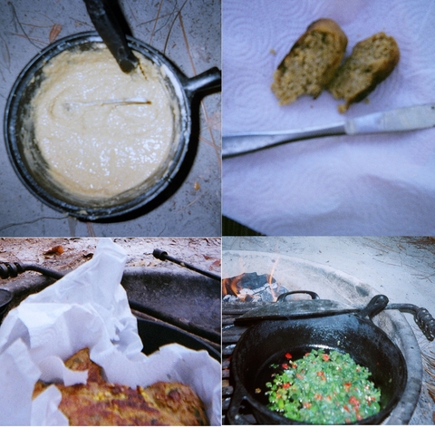 Clockwise from upper left: cornbread batter, slices of cornbread, peppers being sauteed on the fire, cornbread in the pan. - cew-me -- Attribution/Share Alike